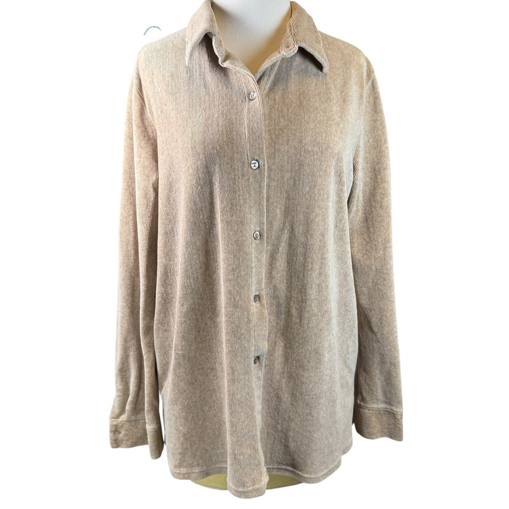 Cascade Blues Velour Button Up Shirt Tan Cotton‎ Blend Loungewear Large